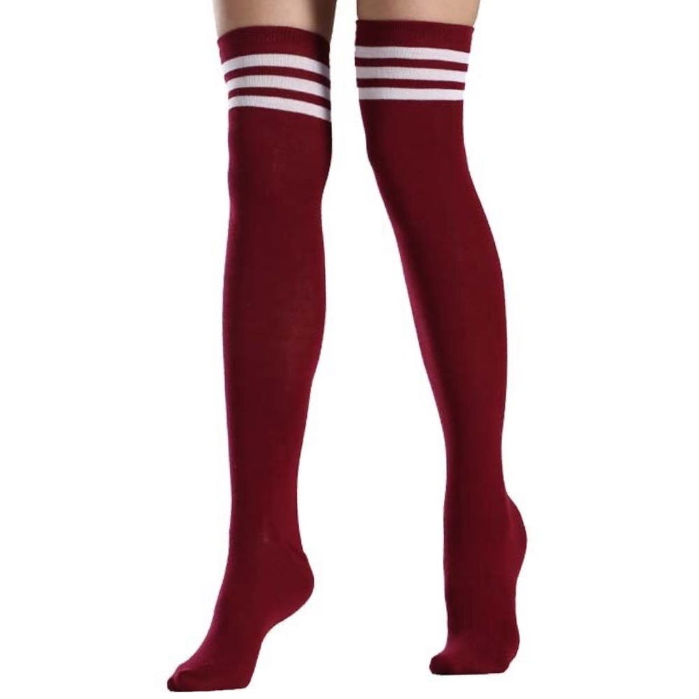 Burgundy White Stripe Thigh High Socks Retro Knee High Style